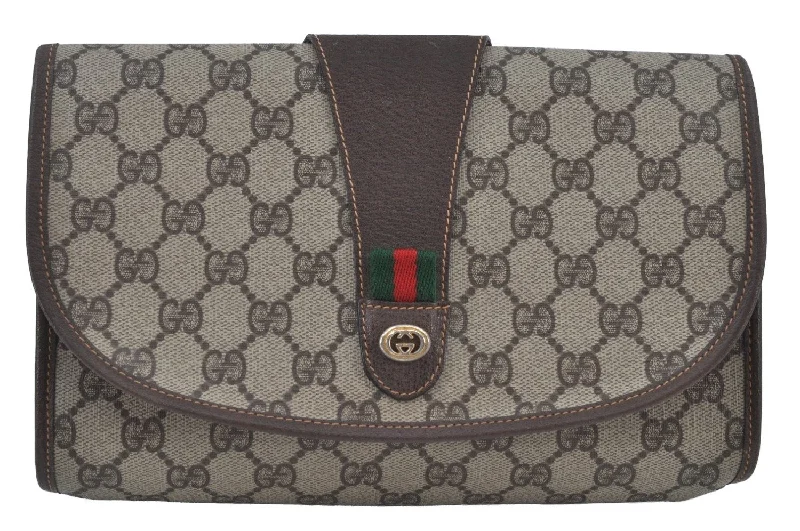 Women Gucci bags with a snap - button closure and a decorative charmAuthentic GUCCI Web Sherry Line Clutch Hand Bag Purse GG PVC Leather Brown 8799H