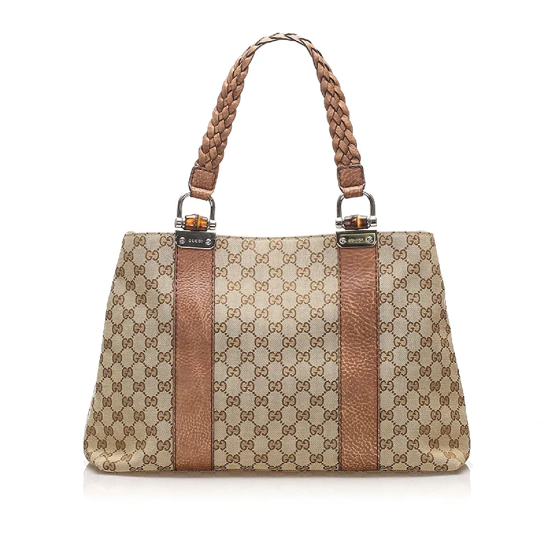 Women Gucci bags with a chain - link trim and a leather bodyGucci GG Canvas Bamboo Libeccio Tote Bag (SHG-11503)