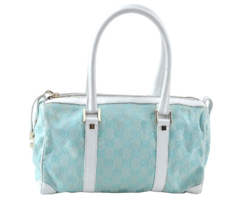 Women Gucci bags with a zippered interior pocketAuthentic GUCCI Hand Boston Bag GG Canvas Leather 0000851 Light Blue 8059J