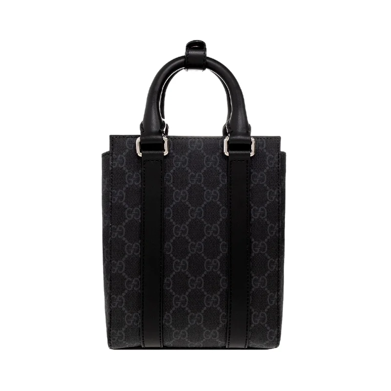 Women Gucci bags with a front - zip pocket for small itemsGucci GG Supreme Monogram Black Canvas Leather Trim Web Strap Mini Tote Bag