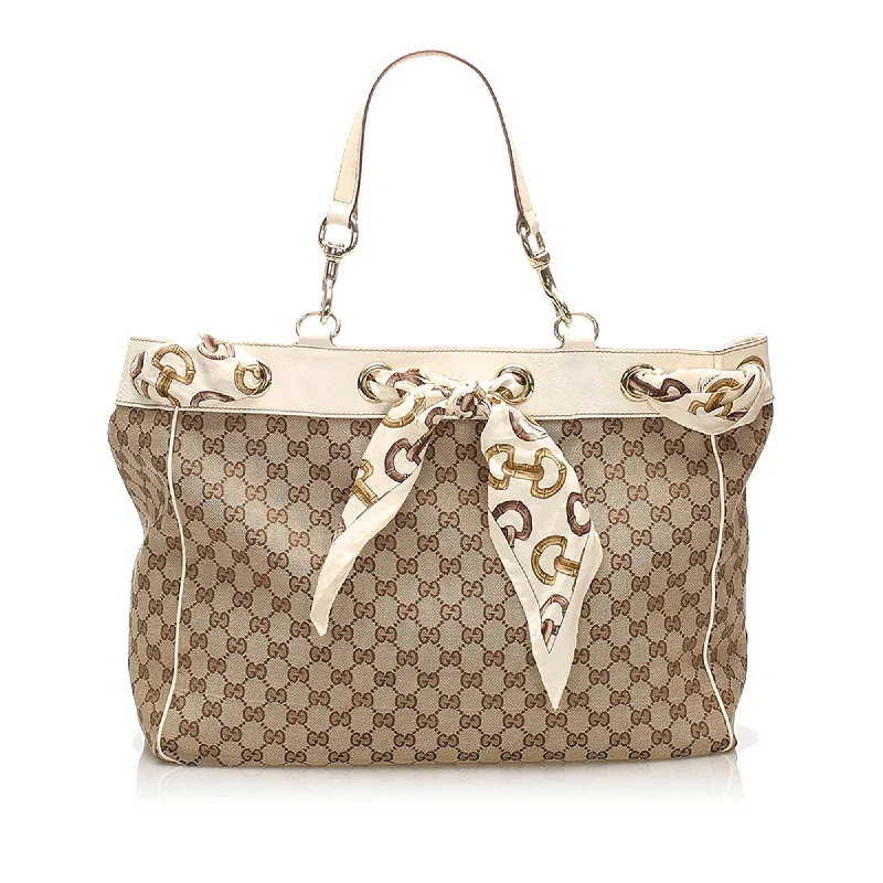 Women Gucci Sylvie bags with a leather - wrapped handleGucci GG Canvas Positano Tote Bag (SHG-11502)