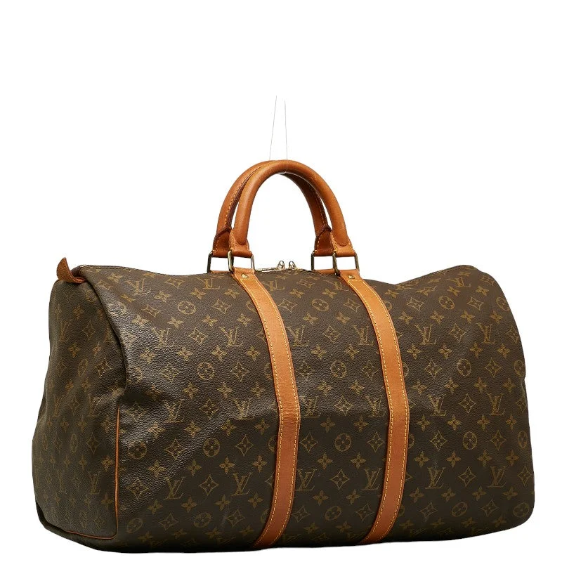 Louis Vuitton bags with a chain - link trim and a leather body for a modern edgeLouis Vuitton Monogram Keepall 50 Boston Bag Travel Bag M41426 Brown