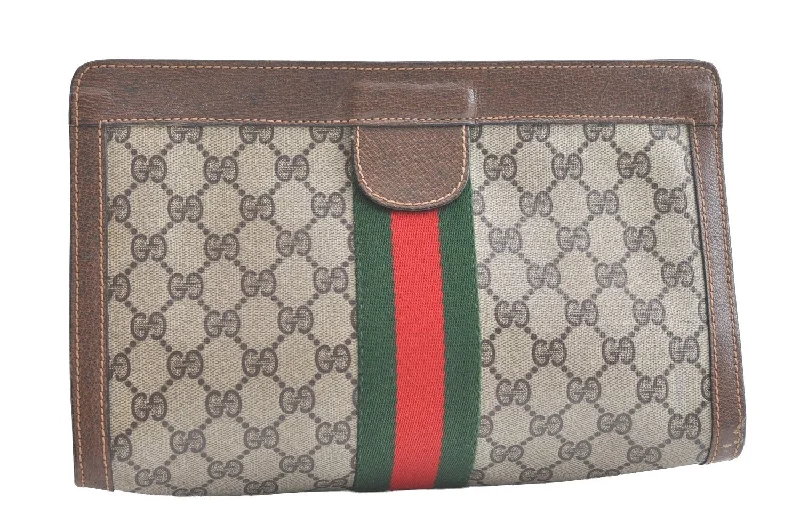 Gucci tote bags for women with a printed Gucci logoAuthentic GUCCI Sherry Line Clutch Hand Bag Purse GG PVC Leather Brown 8044J