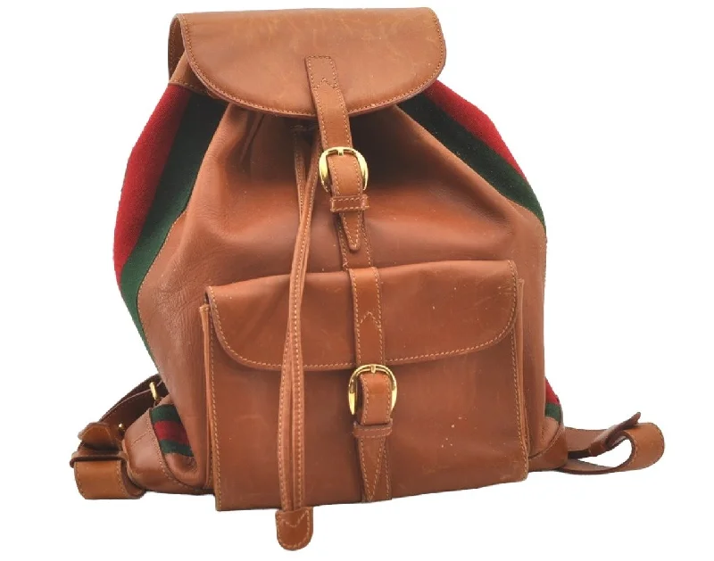 Women Gucci backpacks with a luxurious leather finishAuthentic GUCCI Vintage Web Sherry Line Backpack Leather Brown Junk 7994J