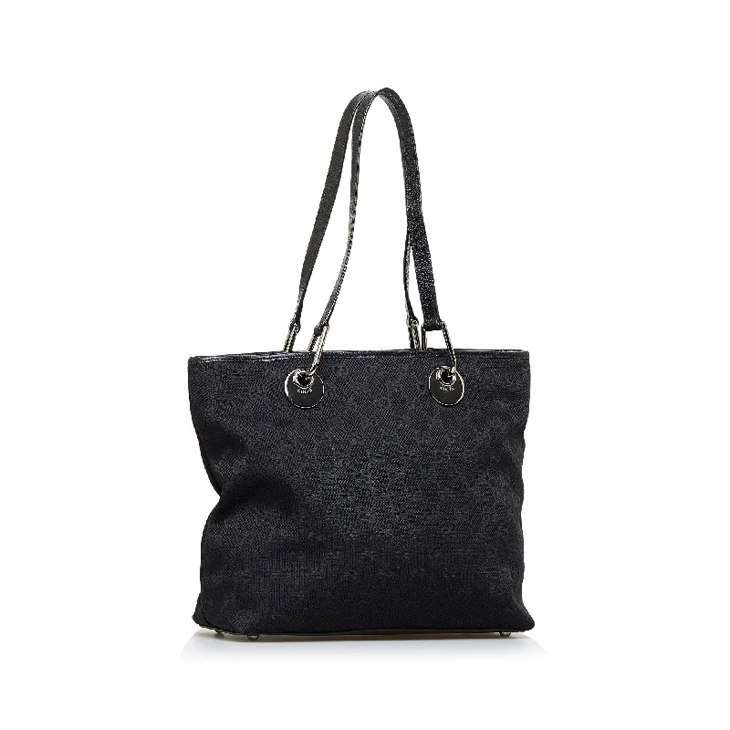 Women Gucci bags with a chain - link trim and a leather bodyBlack Gucci GG Canvas Eclipse Tote