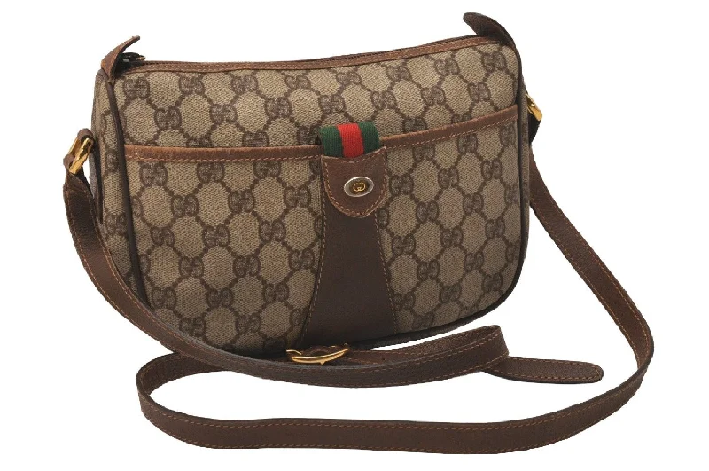 Gucci handbags for women with a back - zip pocketAuthentic GUCCI Web Sherry Line Shoulder Cross Bag GG PVC Leather Brown 8195J