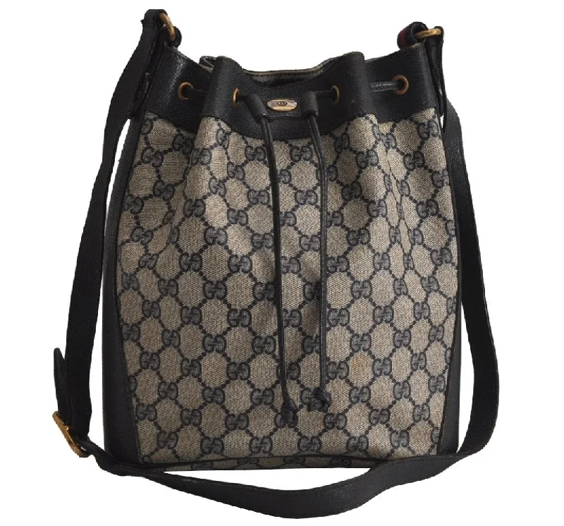 Women Gucci crossbody bags with a printed floral patternAuthentic GUCCI Sherry Line Shoulder Drawstring Bag GG PVC Leather Navy 8066J