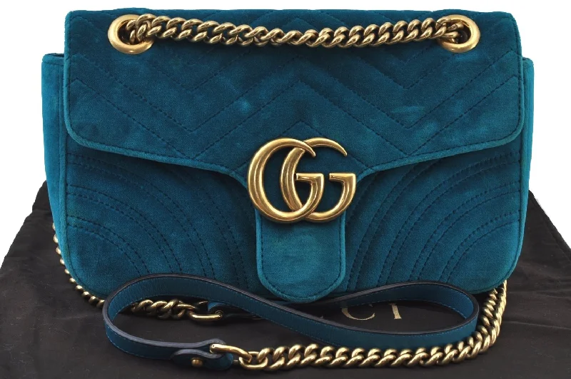 Women Gucci Sylvie bags with a monogram - embossed leatherAuthentic GUCCI GG Marmont Chain Shoulder Cross Bag Velour 443497 Blue K9380