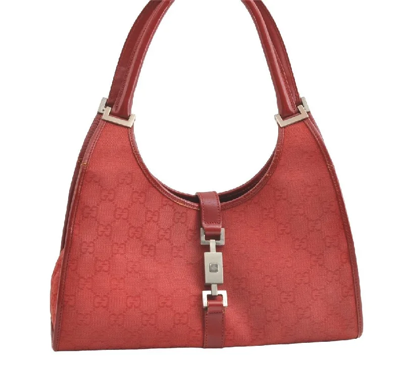 Women Gucci bags with a zippered interior pocketAuthentic GUCCI Jackie Shoulder Hand Bag GG Canvas Leather 0021067 Red 8461J