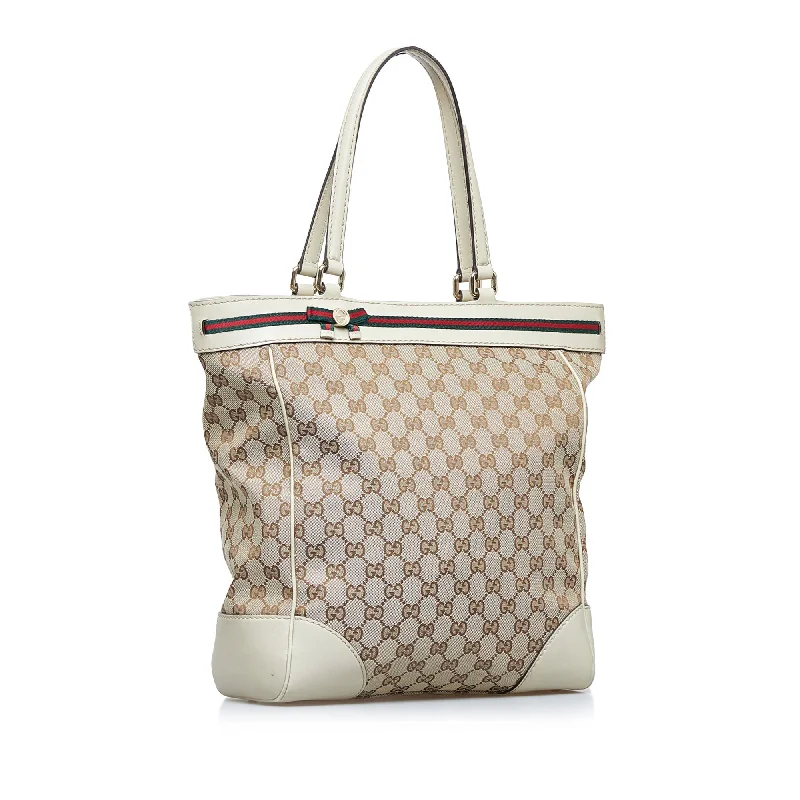 Women Gucci bags with a chain - link trim and a leather bodyBeige Gucci GG Canvas Mayfair Tote Bag