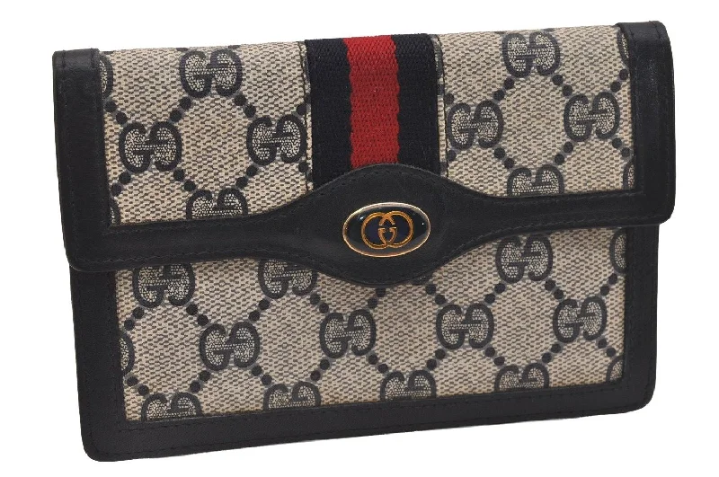 Women Gucci bags with a chain - link trim and a leather bodyAuthentic GUCCI Vintage Sherry Line Pouch Purse GG PVC Leather Navy Blue 6485J