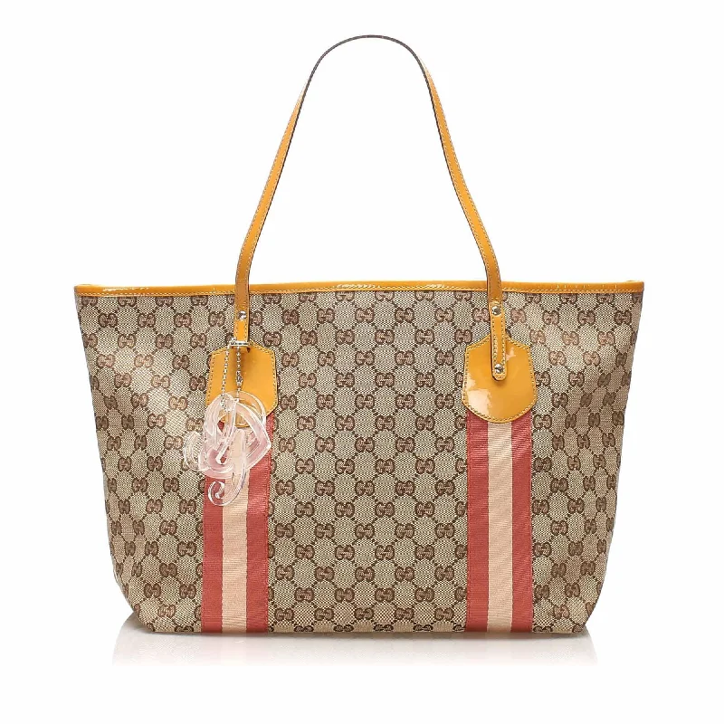 Women Gucci bags with a front - zip pocket for small itemsGucci GG Canvas Tote Bag (SHG-11423)