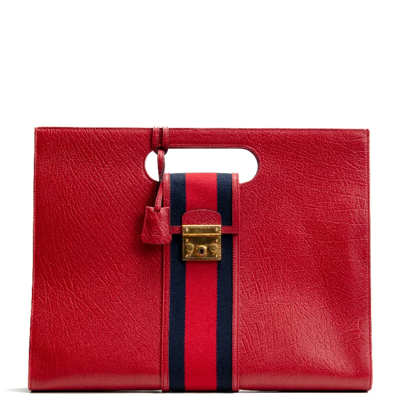 Women Gucci Sylvie bags with a crystal - embellished web stripeGUCCI Calfskin Web Padlock Tote Maxi- Red