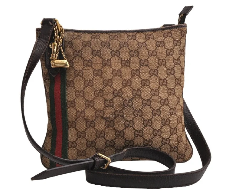 Ladies Gucci shoulder bags with a magnetic - closure flapAuth GUCCI Web Sherry Line Shoulder Bag GG Canvas Leather 144388 Brown 0813K