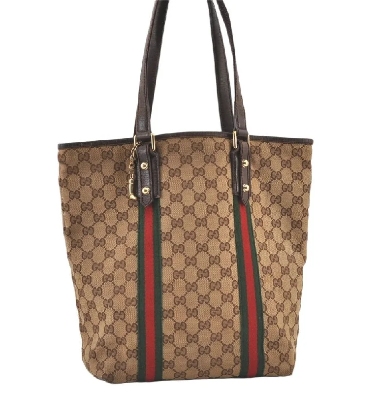 Women Gucci tote bags in GG Supreme canvas for a branded feelAuthentic GUCCI Web Sherry Line Tote Bag GG Canvas Leather 162899 Brown 0743K