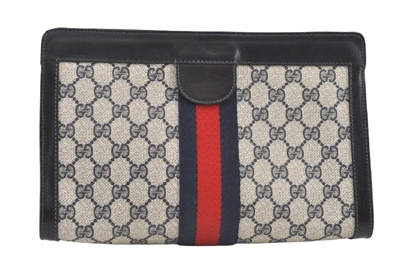 Ladies Gucci shoulder bags with a wide - width strapAuthentic GUCCI Sherry Line Clutch Hand Bag GG PVC Leather Navy Blue Junk 0815K