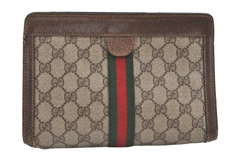 Gucci handbags for women with a metal - framed claspAuthentic GUCCI Web Sherry Line Clutch Hand Bag Purse GG PVC Leather Brown 0694K