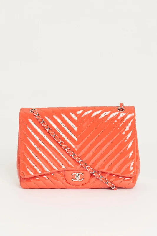 Chanel Vintage Inspired Handbag for Retro Lovers2009 Coral Patent Timeless Classic Chevron Preowned Maxi Handbag