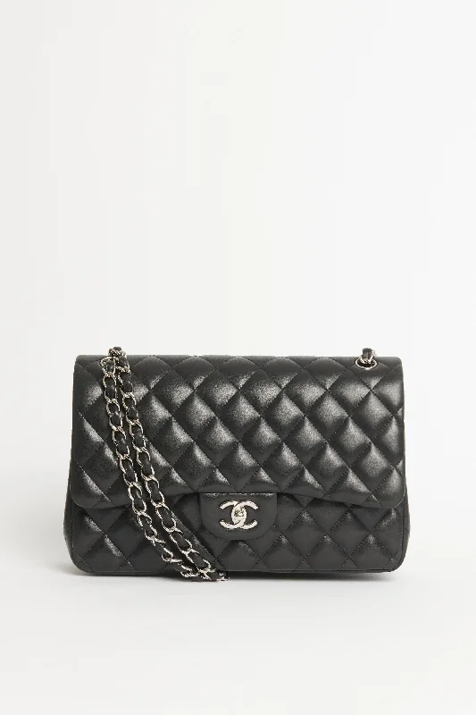 Chanel Chain Strap Handbag for Everyday Use2011 Black Lambskin Preowned Jumbo Classic Double Flap Bag