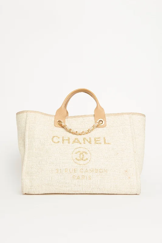 Chanel Designer Handbag with Unique Design2018 Tweed Cream Medium Preowned Deauville Tote