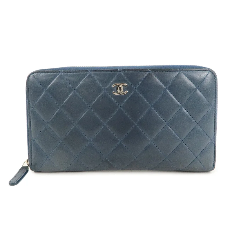 Chanel Luxury Handbag for High - End EventsCHANEL Matelasse Lamb Skin Round Zippy Long Wallet Navy Silver HDW