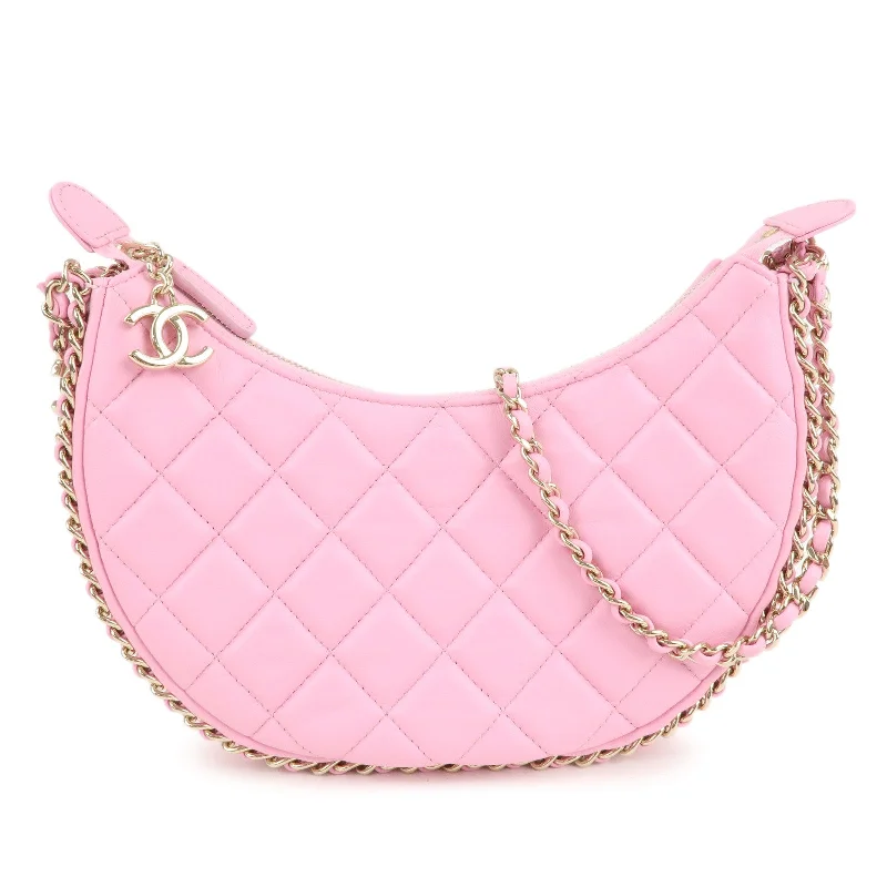 Chanel Quilted Leather Shoulder Bag for FashionistasCHANEL Matelasse Lamb Skin Small Hobo Shoulder Bag Pink AS3917