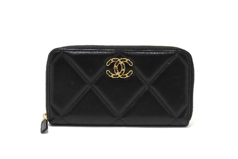 Chanel Luxury Handbag for High - End EventsAuthentic Chanel 19 Black Quilted Lambskin Leather Long Zip Around Wallet