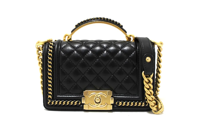 Chanel All - Match Handbag for Versatile StylingAuthentic Chanel Black Calfskin Leather Boy Chanel Flap Bag with Handle