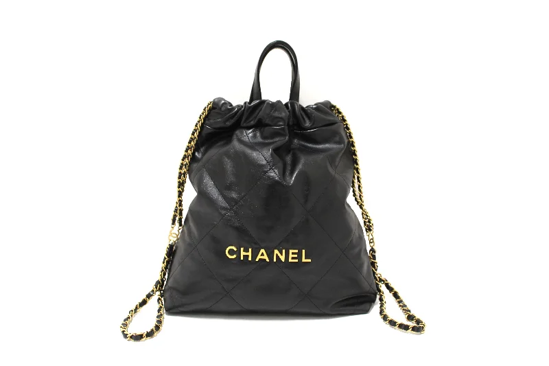 Chanel Limited Edition Handbag for CollectorsAuthentic Chanel Black Chanel 22 Calfskin Leather Drawstring Chain Backpack