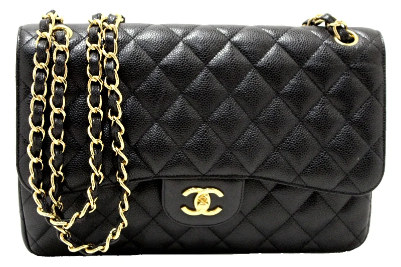 Chanel Lightweight Handbag for Daily ErrandsAuthentic Chanel Black Quilted Caviar Leather Classic Jumbo Double Flap Bag