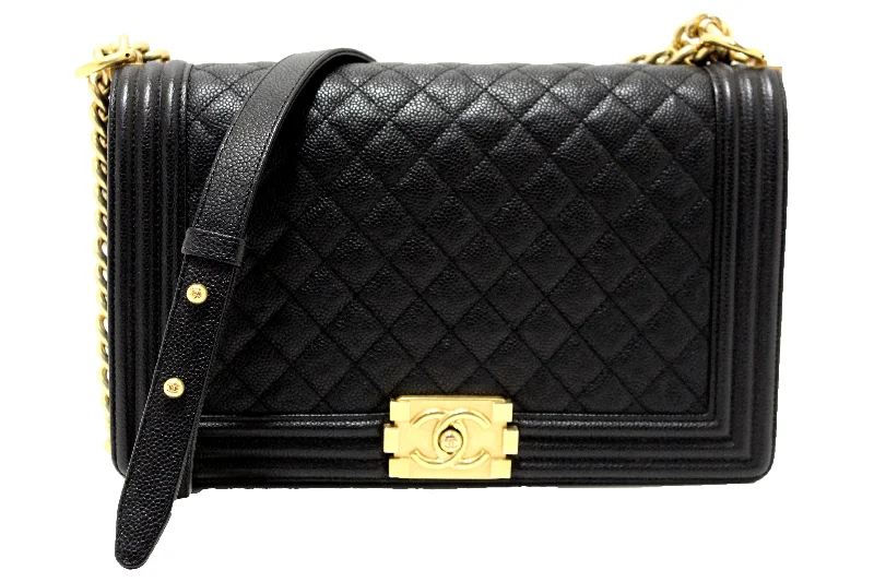 Chanel Handbag with Adjustable Strap for ComfortAuthentic Chanel Black Quilted Caviar Leather New Medium Boy Shoulder Bag