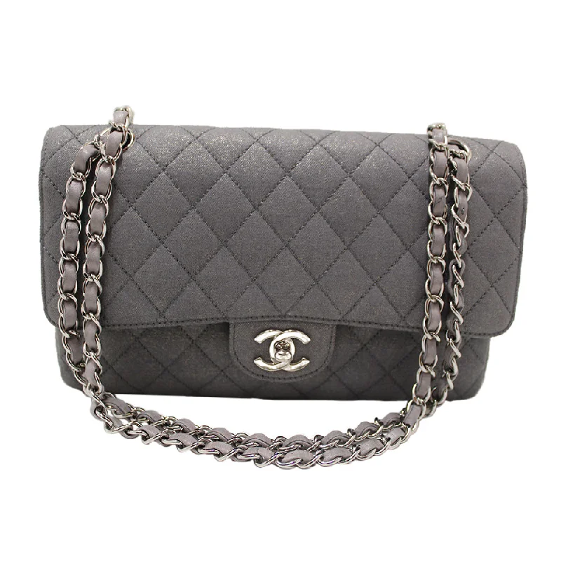 Chanel Chain Strap Handbag for Everyday UseAuthentic Chanel Grey Glitter Canvas Medium Classic Flap Shoulder Chain Bag