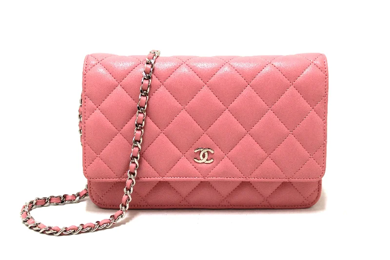 Chanel Lightweight Handbag for Daily ErrandsAuthentic Chanel Pink Quilted Lambskin Leather Wallet On Chain WOC Messenger Bag