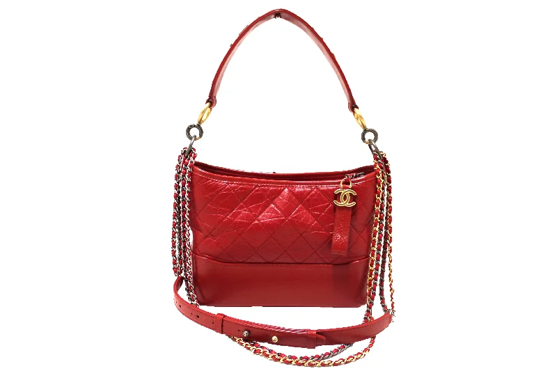 Chanel Handbag with Adjustable Strap for ComfortAuthentic Chanel Red Aged Calfskin Leather Small Gabrielle Hobo Crossbody Bag