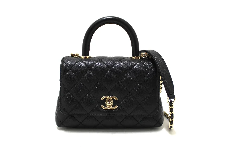 Chanel New Arrival Handbag with Gold HardwareAuthentic Chanel Black Quilted Caviar Leather Mini Coco Handle Flap Bag