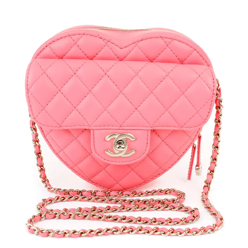 Chanel Handbag with Adjustable Strap for ComfortChanel 2022 Pink Lambskin Heart Bag w/ Gold Hardware