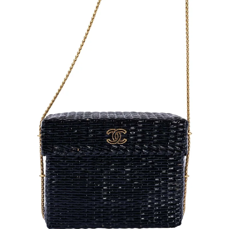 Chanel Handbag with Adjustable Strap for ComfortChanel Vintage Black Wicker CC Picnic Lunch Basket Box Bag Gold Hardware