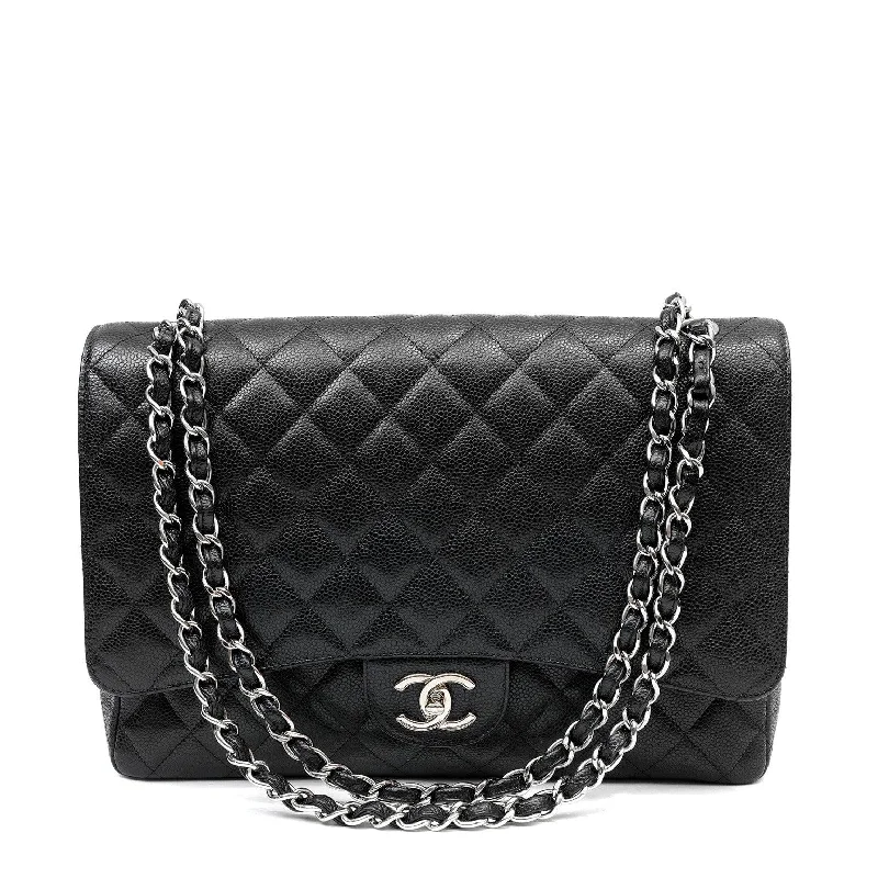 Chanel Handbag with Adjustable Strap for ComfortChanel Black Caviar Double Flap Maxi w/ Silver Hardware