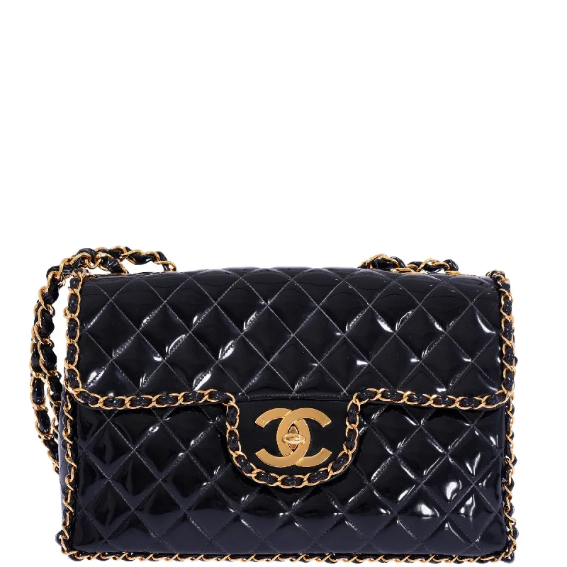 Chanel Vintage Inspired Handbag for Retro LoversCHANEL Vintage Black Quilted Patent Leather Maxi Classic Chain Around Single Flap Gold Hardware