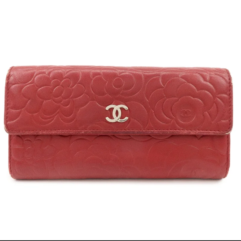 Chanel All - Match Handbag for Versatile StylingCHANEL Camelia Lamb Skin Bi-fold Long Wallet Red