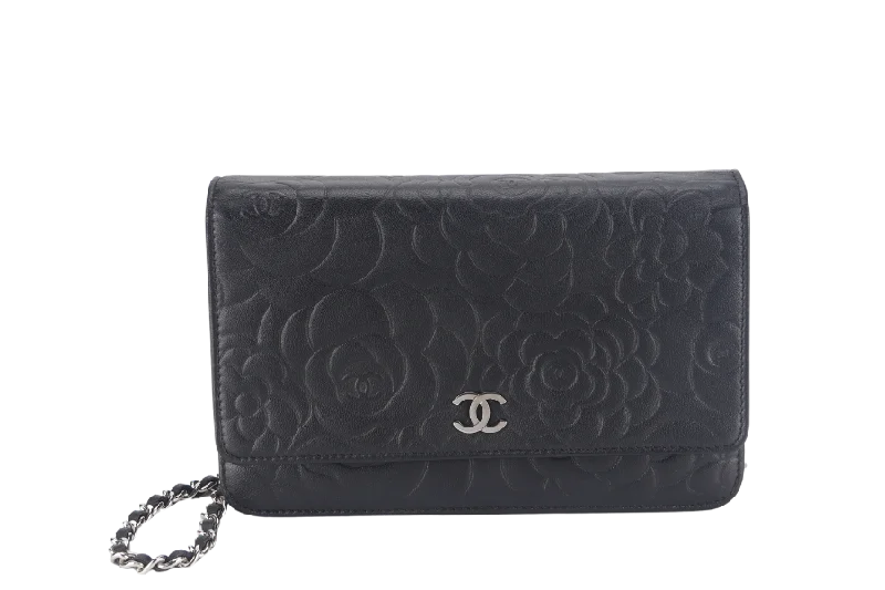 Chanel Classic Flap Bag for Evening PartyCHANEL CAMELLIA W.O.C (1609xxxx) BLACK EMBOSSED LAMBSKIN SILVER HARDWARE  WITH CARD AND BOX