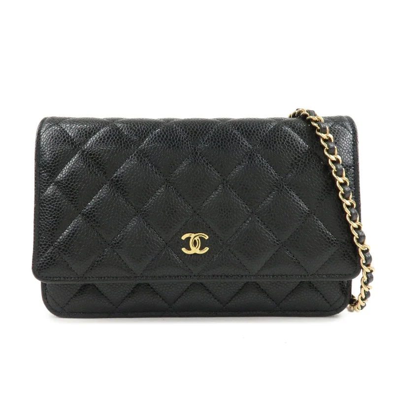 Chanel Quilted Leather Shoulder Bag for FashionistasCHANEL Caviar Skin Chain Wallet Purse Shoulder Bag Black AP0250