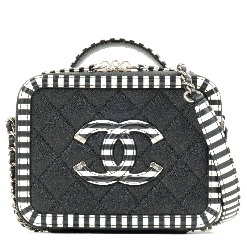 Chanel Black Handbag for Business MeetingsCHANEL CC Filigree Caviar Skin Vanity Case 2Way Bag Stripe A93342