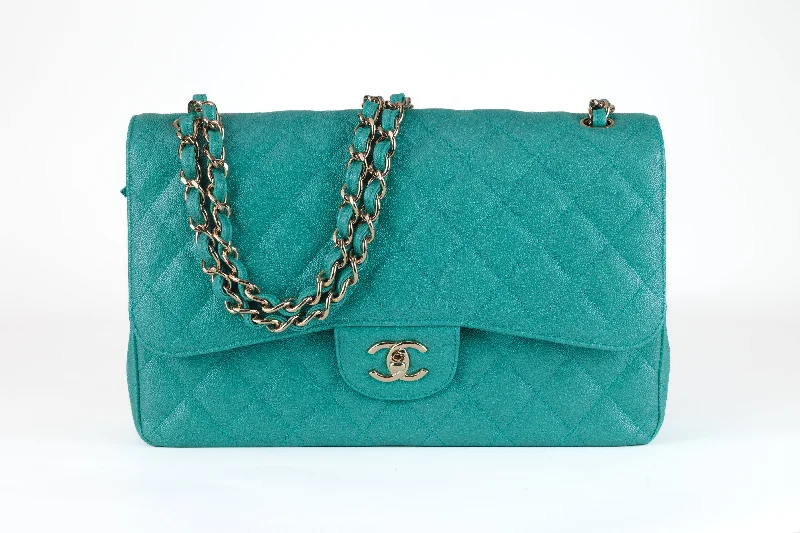 Chanel Chain Strap Handbag for Everyday UseChanel Green Iridescent Caviar Jumbo Classic with Gold Hardware