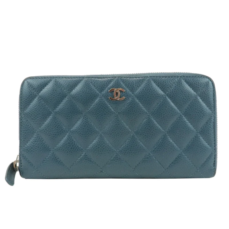 Chanel Handbag with Adjustable Strap for ComfortCHANEL Matelasse Caviar Skin Round Zippy Long Wallet Blue A50097