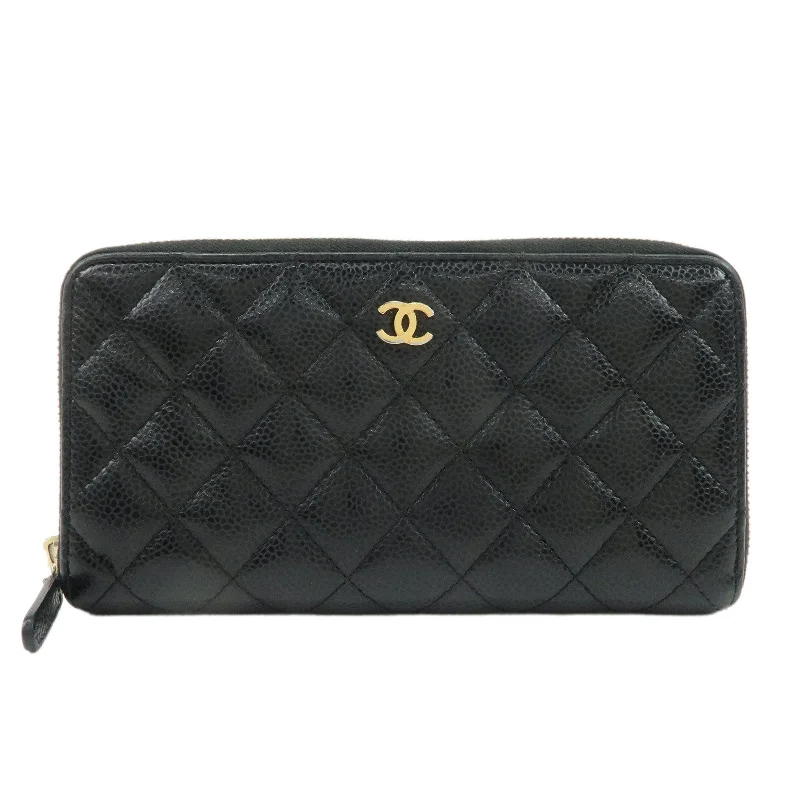 Chanel Designer Handbag with Unique DesignCHANEL Matelasse Cavier Skin Coco Mark Zippy Round Wallet Black