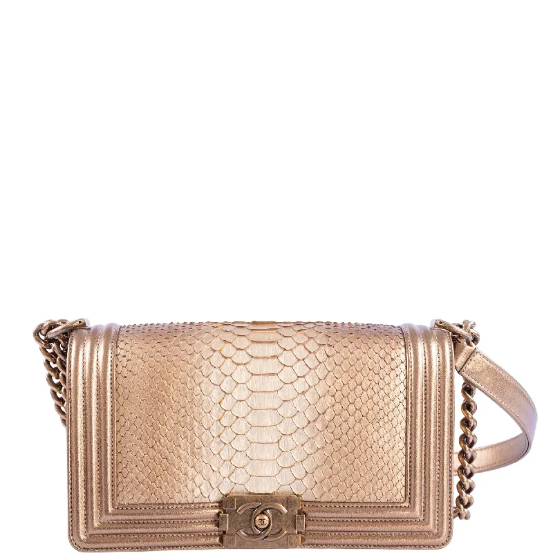 Chanel Quilted Leather Shoulder Bag for FashionistasChanel Medium Boy Flapbag Matte Gold Python Limited