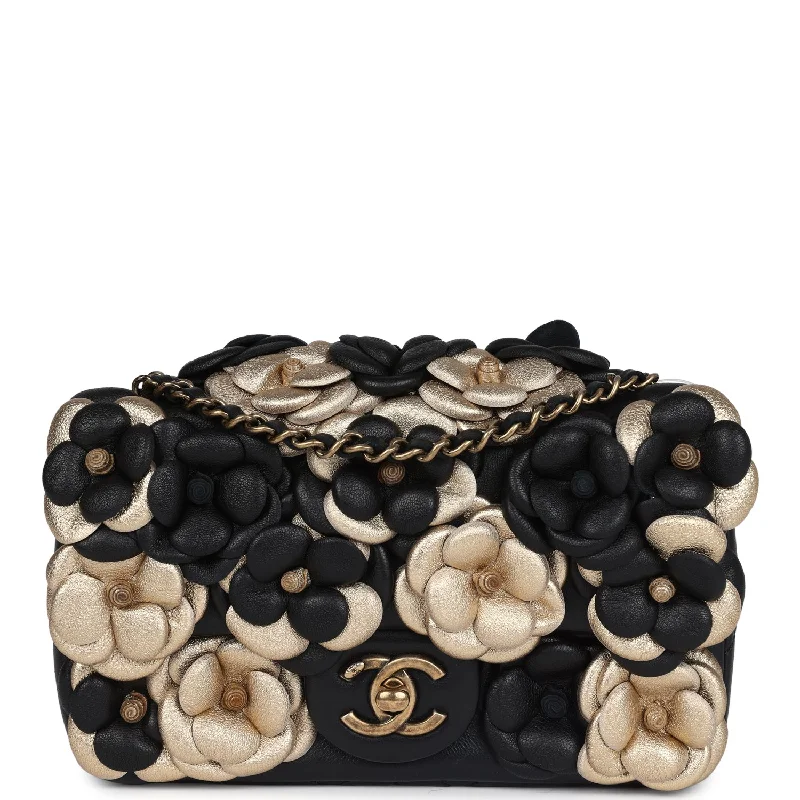 Chanel Handbag with Adjustable Strap for ComfortChanel Mini Rectangular Camellia Flap Bag Black and Metallic Gold Lambskin Antique Gold Hardware