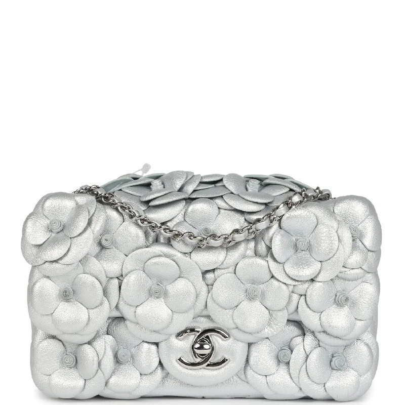 Chanel Classic Flap Bag for Evening PartyChanel Mini Rectangular Camellia Flap Bag Silver Lambskin Silver Hardware