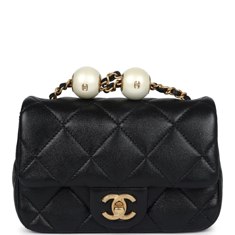 Chanel Luxury Handbag for High - End EventsChanel Mini Square Pearl Flap Bag Black Lambskin Brushed Gold Hardware